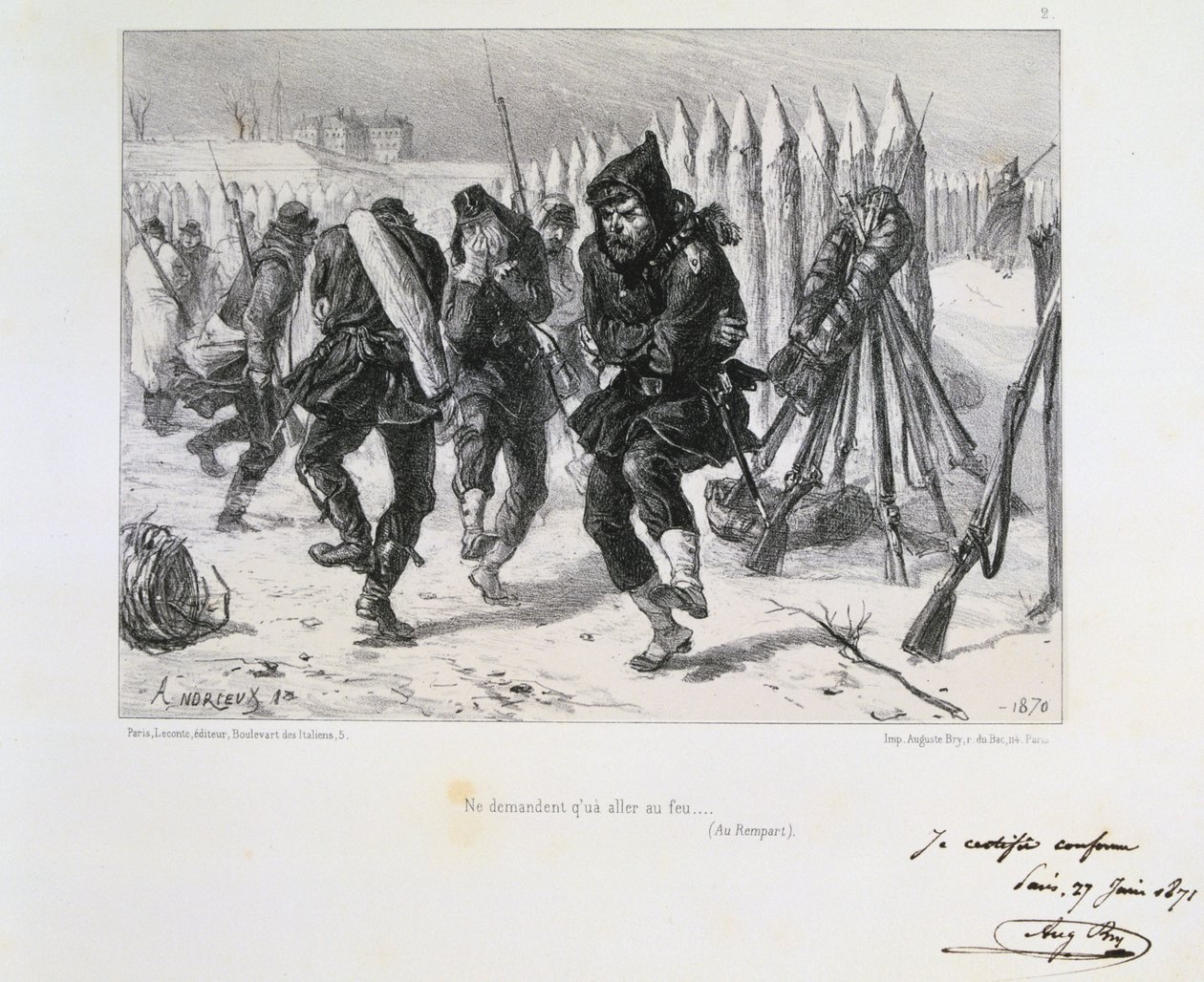 普仏戦争1870-1871。1870年9月19日から1871年1月28日までのパリの包囲戦。城壁上の兵士たちは暖を取るために飛び跳ねている。クレメント・オーガスト・アンドリューが国立庭園に描いた一連のリトグラフより。 作： クレマンオーギュストアンドリュー