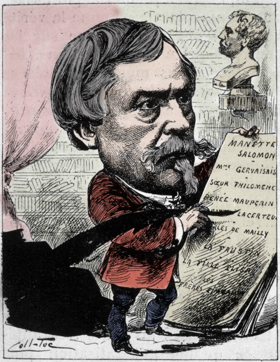 作家エドモン・ド・ゴンクール（1822-1896）を描いたカートゥーン（Coll-Toc（Collignon and Tocqueville）作画の「現代の人々」より。1892 作： コル・トック