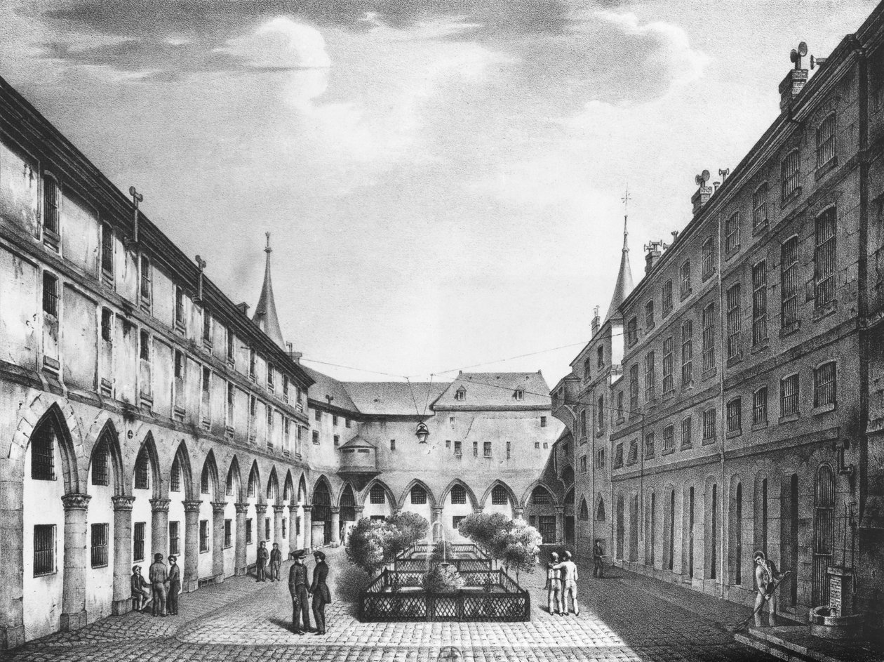 アルフォンスウルティ（1800-70）c.1831が刻まれたコンシェルジュリー刑務所の男子庭の眺め 作： コラード