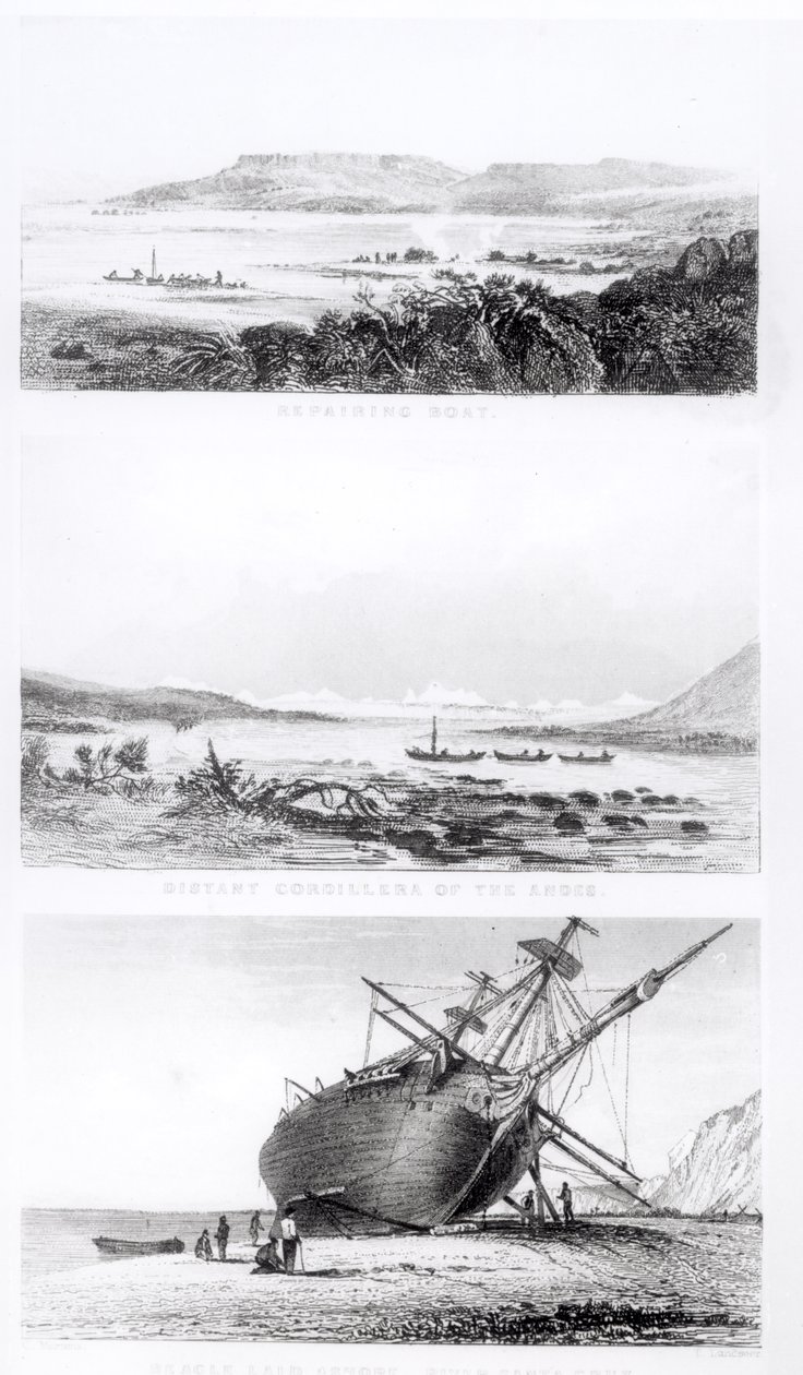 アンデスの遠くの山岳地帯で修復され、トーマスランドシーア（1795-1880）によって彫刻されたサンタクルーズ川に打ち上げられた「ビーグル」のシーン 作： コンラッドマルテンス