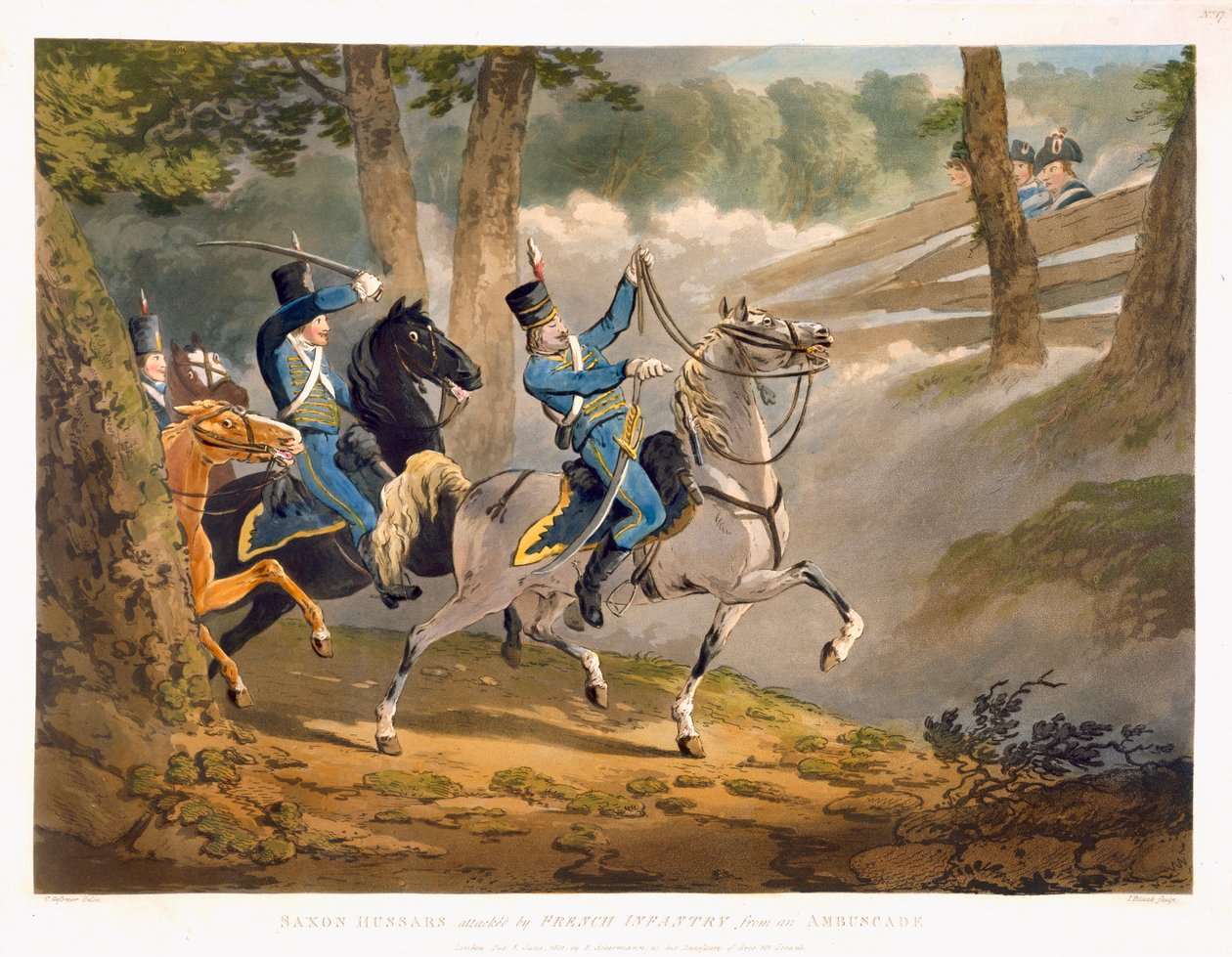 &39;Military Evolutions&39;（パブ）のAmbuscadeからフランスの歩兵が攻撃したサクソンハサーアッカーマン、ロンドン、1799-1802 作： コンラッド・ゲスナー
