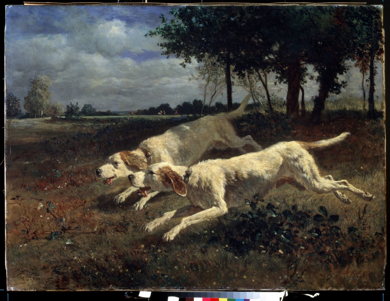 走っている犬。 コンスタント トロヨン (1810-1865) の絵画。 キャンバスに油彩、75 x 11 cm 作： コンスタントエミールトロヨン
