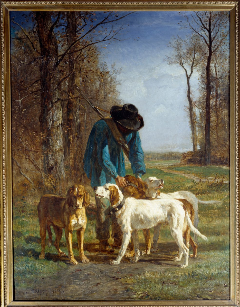 アンティーク絵画 1900年 イギリス 犬 カラー 猟師のガードが犬に止められる。コンスタン・トロイヨン（1810-1865）の絵