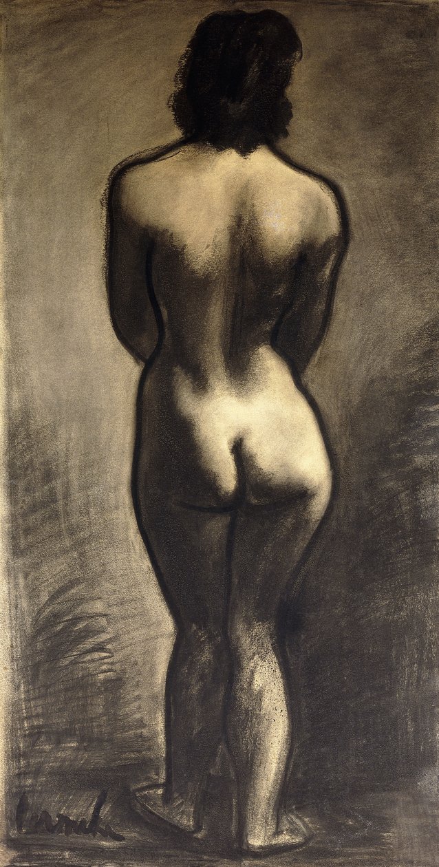 立っているヌード; Nu Debout - Stand Naakt, c. 1930年（紙に黒チョークと黒ウォッシュ） 作： コンスタント・ペルメケ