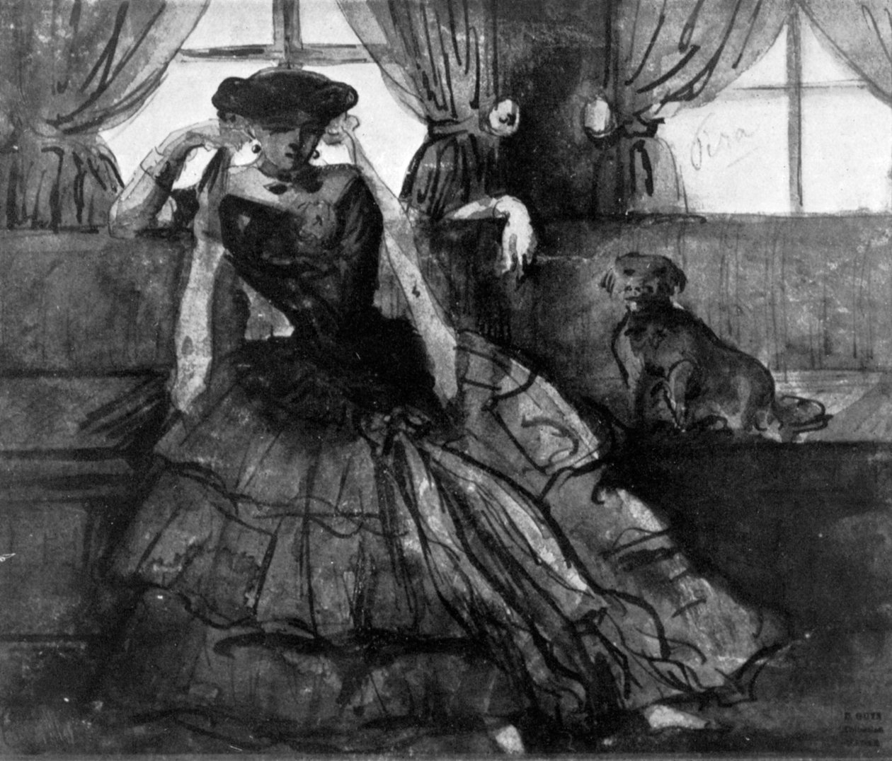 19世紀の犬を飼っている女性、1930年。 作： コンスタンタン・ガイズ