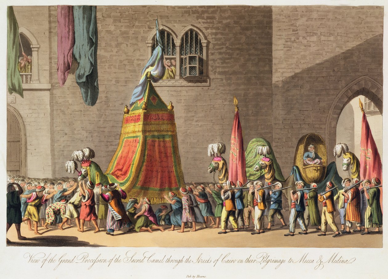 パブ、メッカとメディナへの巡礼でカイロの街路を通る神聖なラクダの大行列の眺め。 1822 作： クーパーウィリアムス