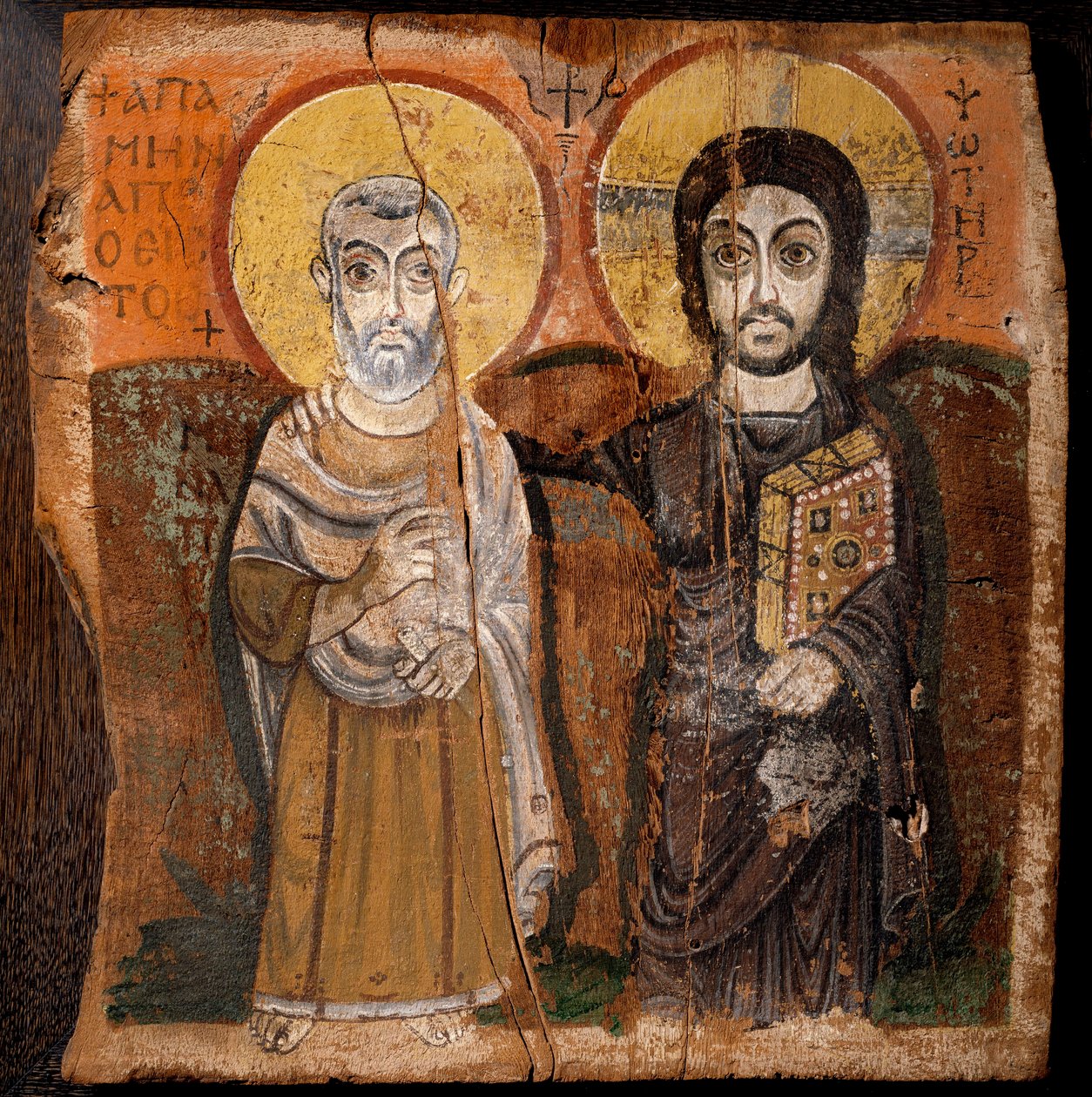 コプトアート。"Christ and Abbe Mena" 聖メナス（Minas, Mina, Mena, Mennas）、3世紀のエジプト人殉教者。6～7世紀の木に描かれた絵の具の断片（イチジクの木に描かれたデトレンプ） 薄さ：57x57cm。エジプト・バウイット遺跡出土- コプト美術。"Chri 作： コプト