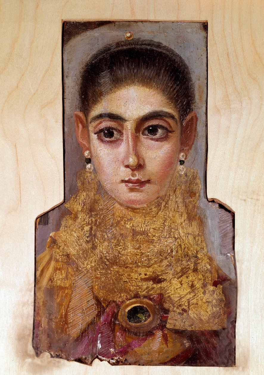コプト美術：ファユーム（Fayum）と呼ばれる若い女性（西暦160年頃） 木に蝋を塗った絵パリ、ルーヴル美術館 作： コプト
