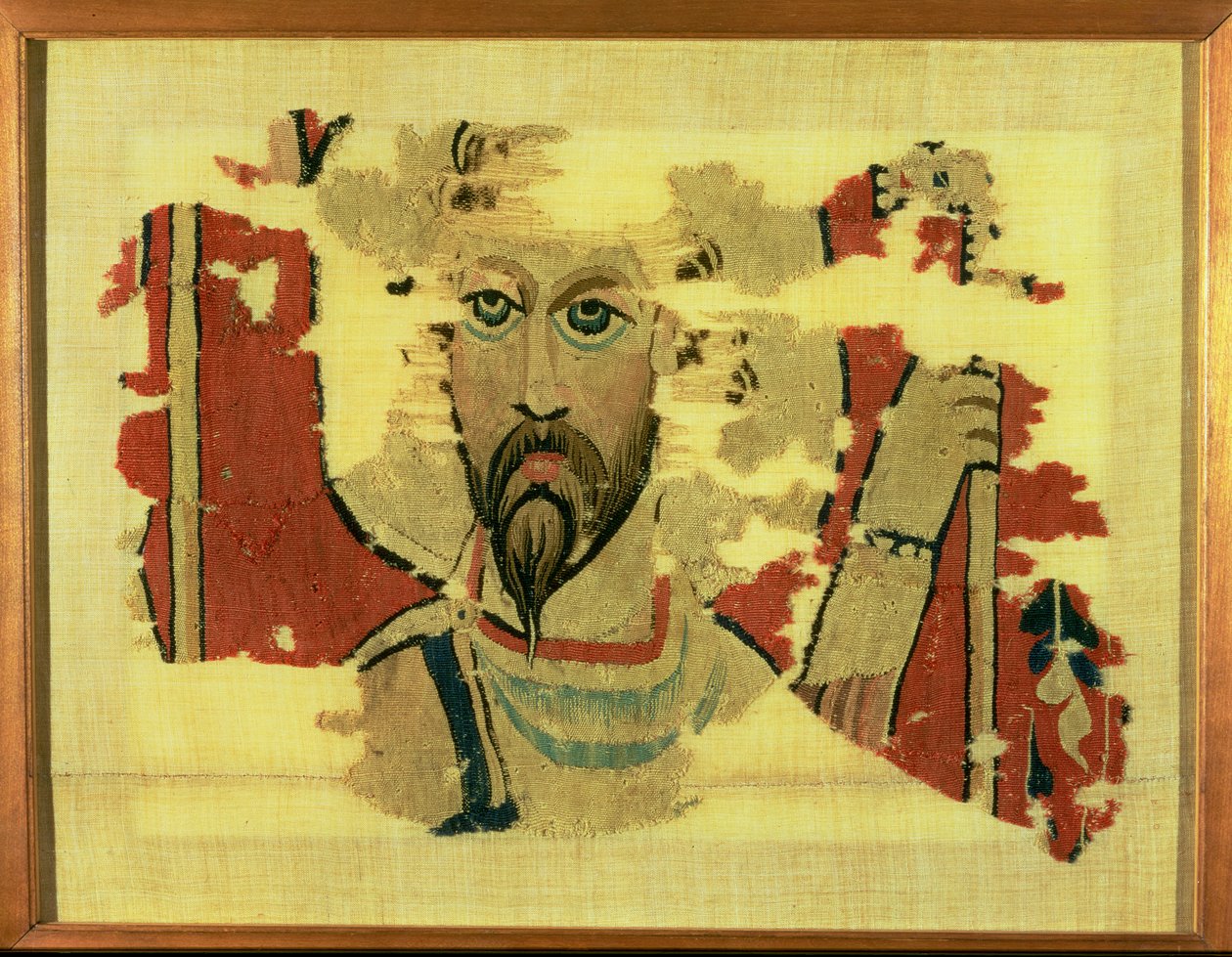 エジプトのアクミム出身の聖テオドール首を描いた吊り下げ作品、500〜600年頃（羊毛のタペストリー） 作： コプトコプト