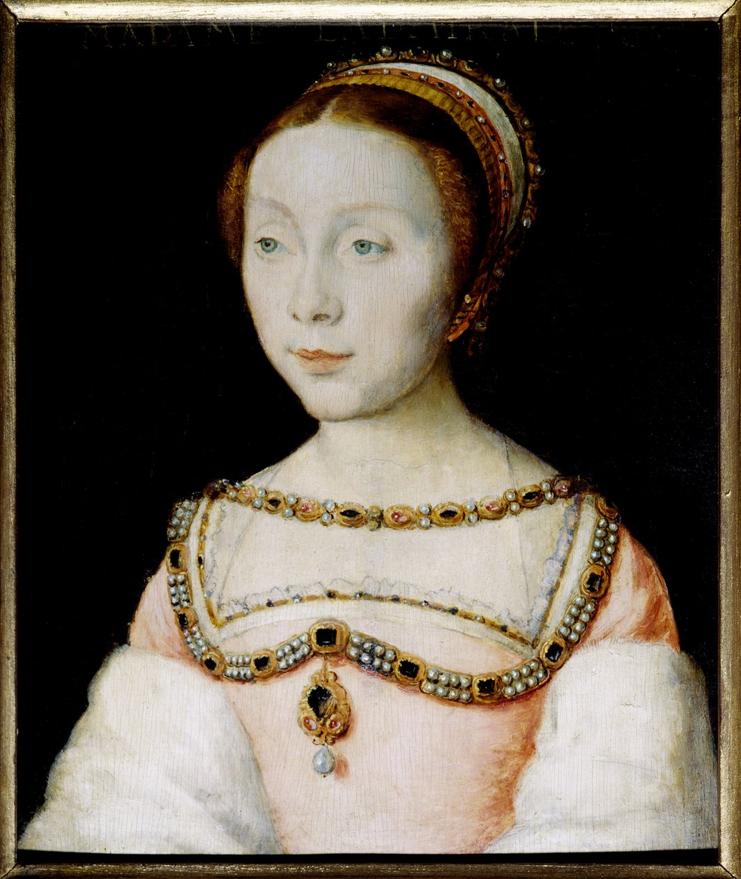 Porträt von Francoise de Longwy, Ehefrau von Admiral Philippe Chabot, Witwe im Jahr 1543, wiederverheiratet im Jahr 1545 mit Jacques de Peruse, Herr von Ecars. Gemälde von Corneille De Lyon (Corneille de The Hague) (1500/1510-1574). Öl auf Holz. Dim: 0.13  von Corneille de la  Haye