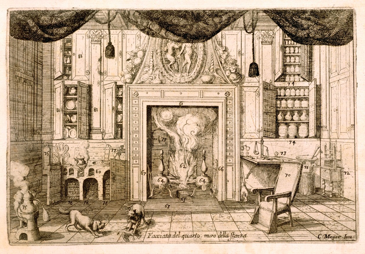 インテリア、Cornelio Meyer &39;Nuovi Ritrovamenti&39; 1696の応接室、エッチング 作： コルネリス・ヤンス。マイヤー