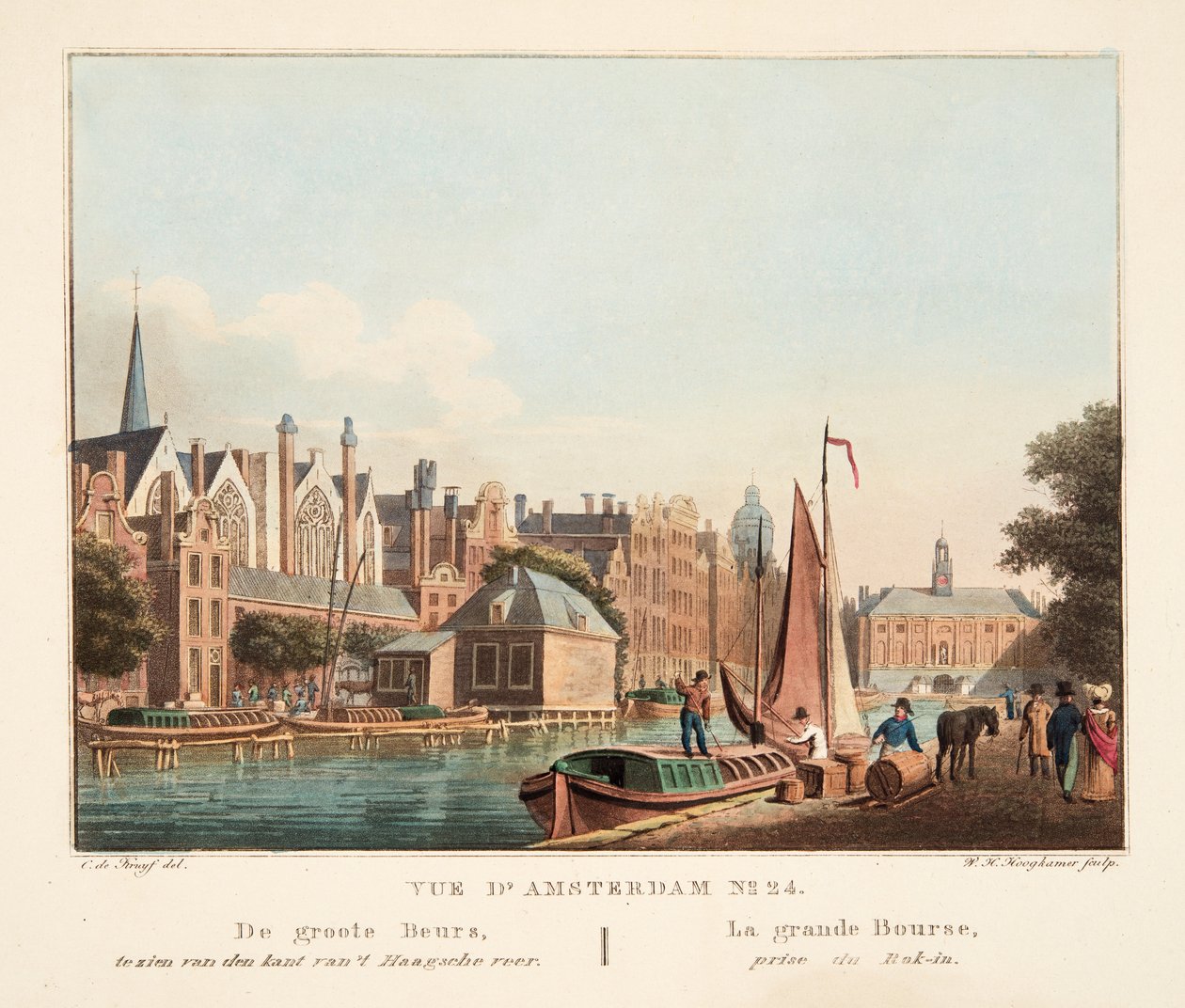 アムステルダムNo.24の眺め。 De groote Beurs、tezien van den kant van&39;t Kaagsche veer。 1825年、ロクインから取ったラグランデブルス（手塗りの彫刻） 作： コルネリス・デ・クライフ