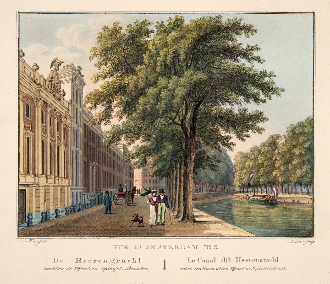 Vue d&39;Amsterdam No. 3モルタル通りとシュペーゲル通りの間のHeerengracht。 Le Canal dit Heerengracht entre les Rues dites Vijzel und Spiegelstraat、1825（hand-colored engraving） 作： コルネリス・デ・クライフ