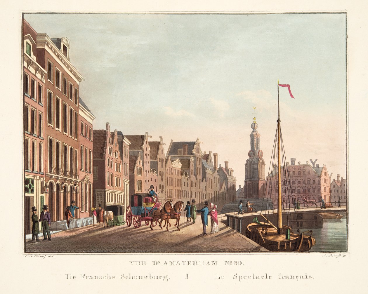 Vue d&39;Amsterdam No. 30。フランシュ・シュウブルク。ルスペクタクルフランセ、1825年（手描きの彫刻） 作： コルネリス・デ・クライフ