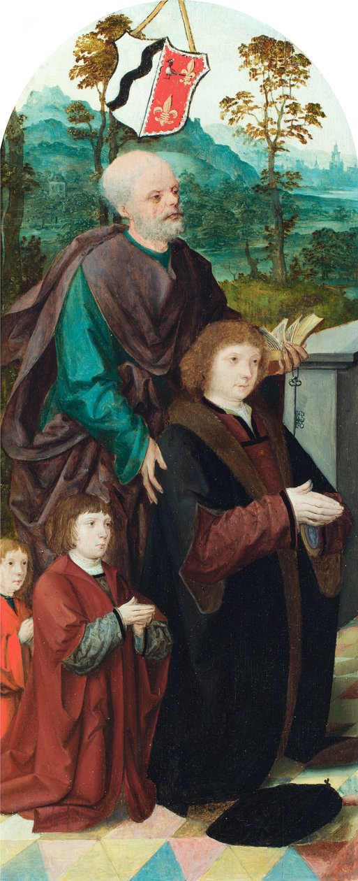 ドナーと彼の2人の息子が聖ペテロに紹介されました（オイルレッドパネル） 作： Cornelis（attr。To）Engelbrechtsz