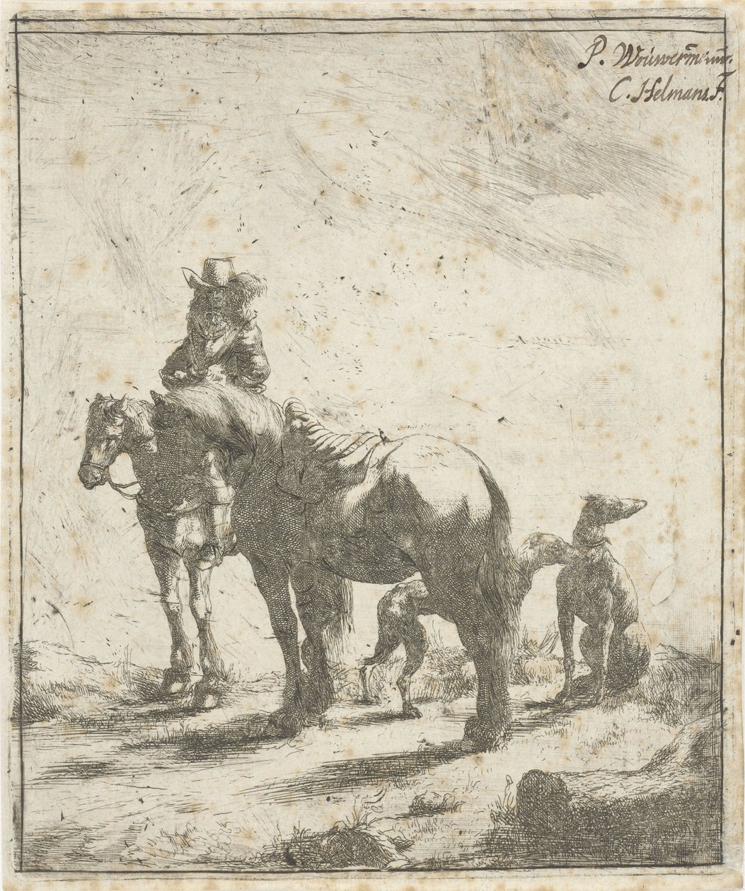 2 頭の馬と 2 匹の犬のライダー 作： Cornelis A Hellemans