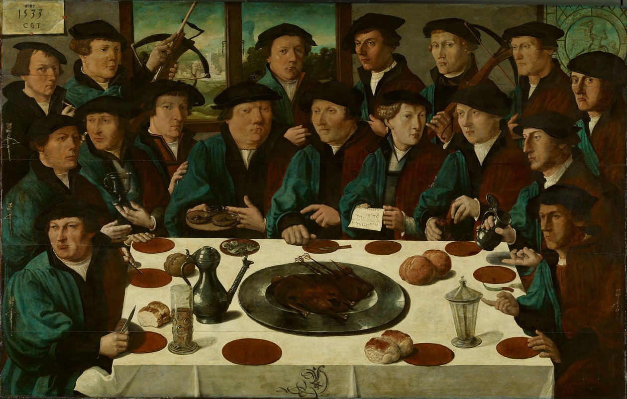 オランダ語  De Braspenningsmaaltijd アムステルダムのクロスボウ市民衛兵のメンバーの宴。

 別タイトル  
オランダ語：  De Braspenningsmaaltijd Banquet of Squad D of the Crossbow Civic Guards, "The Braspenning Banquet" クロスボウ市民衛兵隊D班の宴。 作： コルネリス・アントニス。
