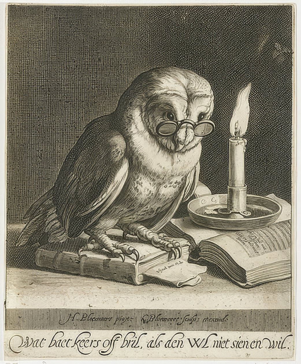 メガネと本のフクロウ。 1625年頃 作： Cornelis Bloemaert
