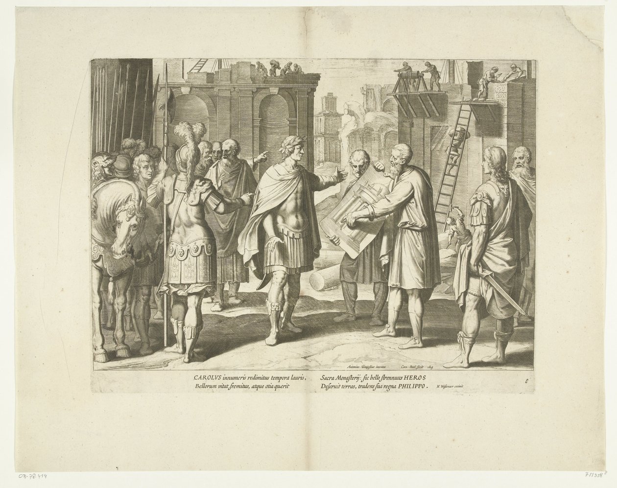 Karel V laat een klooster bouwen, 1555, nr. 8 シーン uit het leven van Karel V (シリーズ タイトル) 皇帝カール 5 世の生涯を、非常に美しいインタリオで描いた、有名な A. テンペストのデザインに、最も熟練した 2 人の巨匠 J. デ ゲイン & によって彫刻されました。 作： コルネリス・ボエル