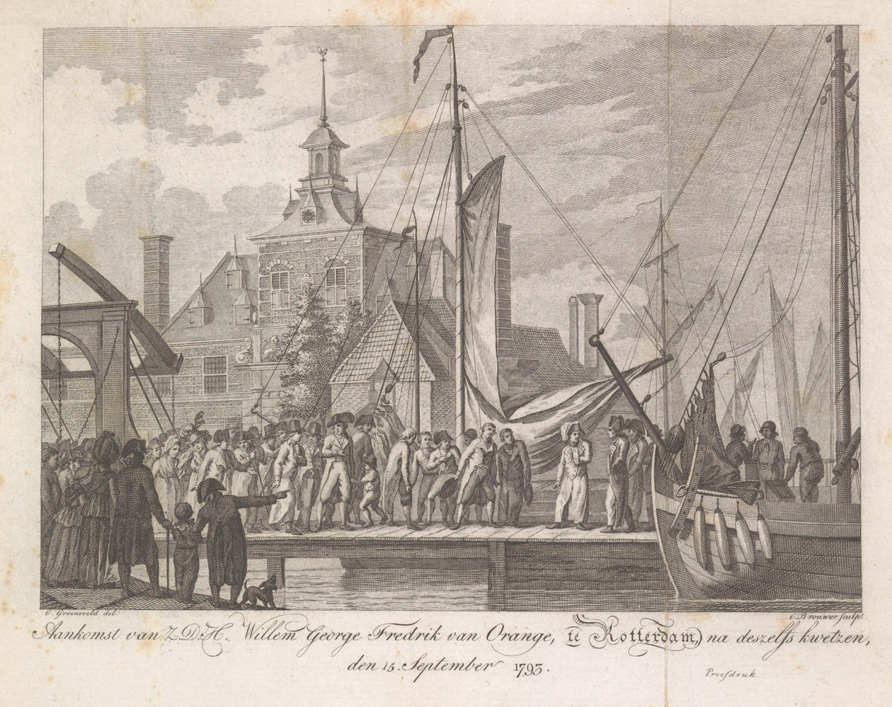 1793年、ロッテルダムに負傷したウィレム・ジョージ・フレデリック王子が到着 H.D.H.の到着 1793 年 9 月 15 日に負傷した後、ロッテルダムでのウィレム ジョージ フレドリック ヴァン オラニエ 作： Cornelis Brouwer