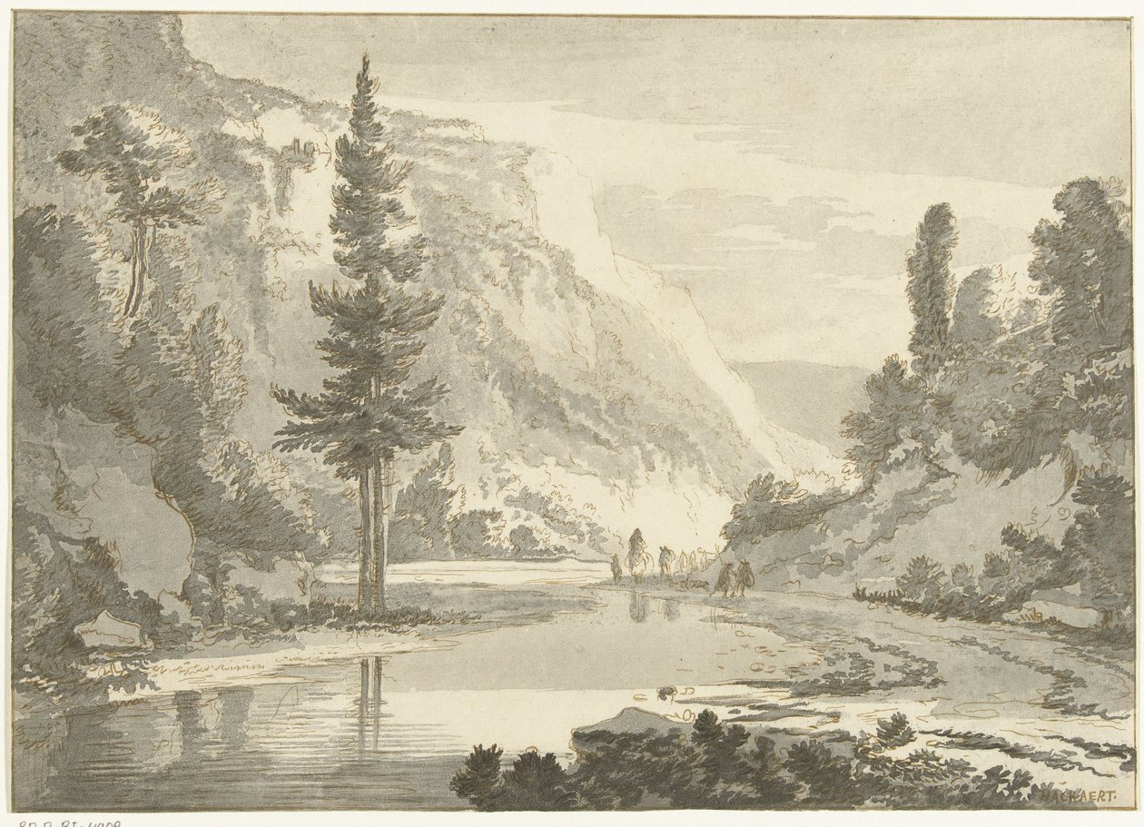 川岸に羊飼いがいる山の風景 作： Cornelis Brouwer