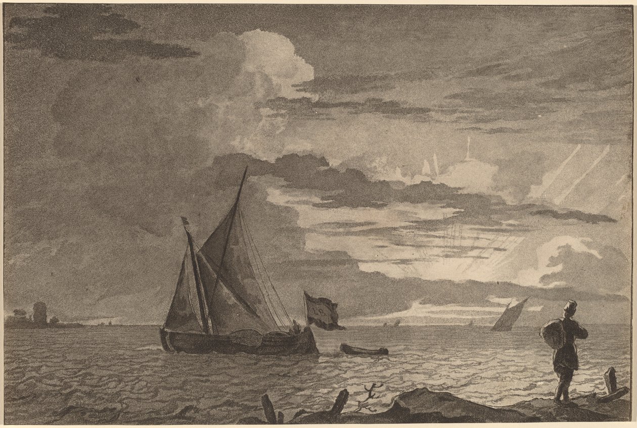 パックを肩にかける漁師、1779 年、1781 年に出版。 作： Cornelis Brouwer