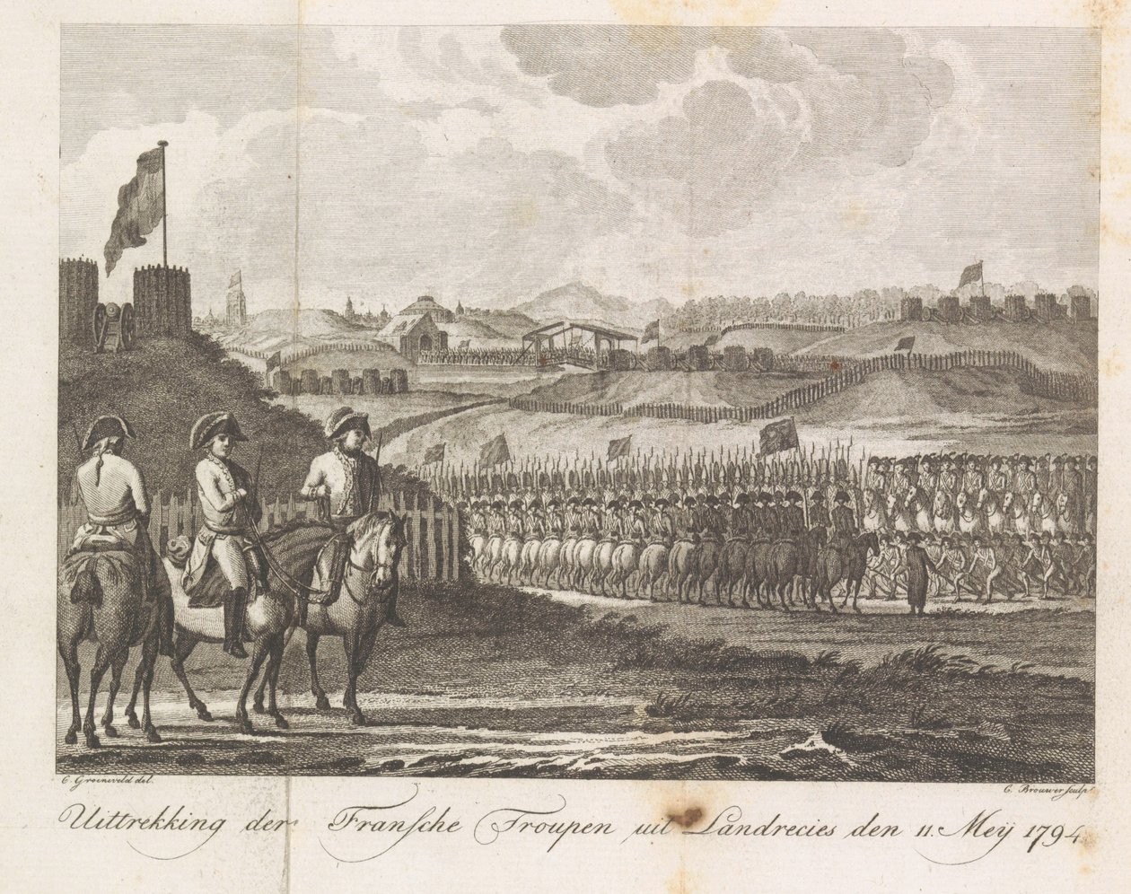 1794年、ランドレシーを去るフランス軍 1794 年 5 月 11 日の Landrecies からのフランスの劇団の撤退 (オブジェクトのタイトル) 作： Cornelis Brouwer