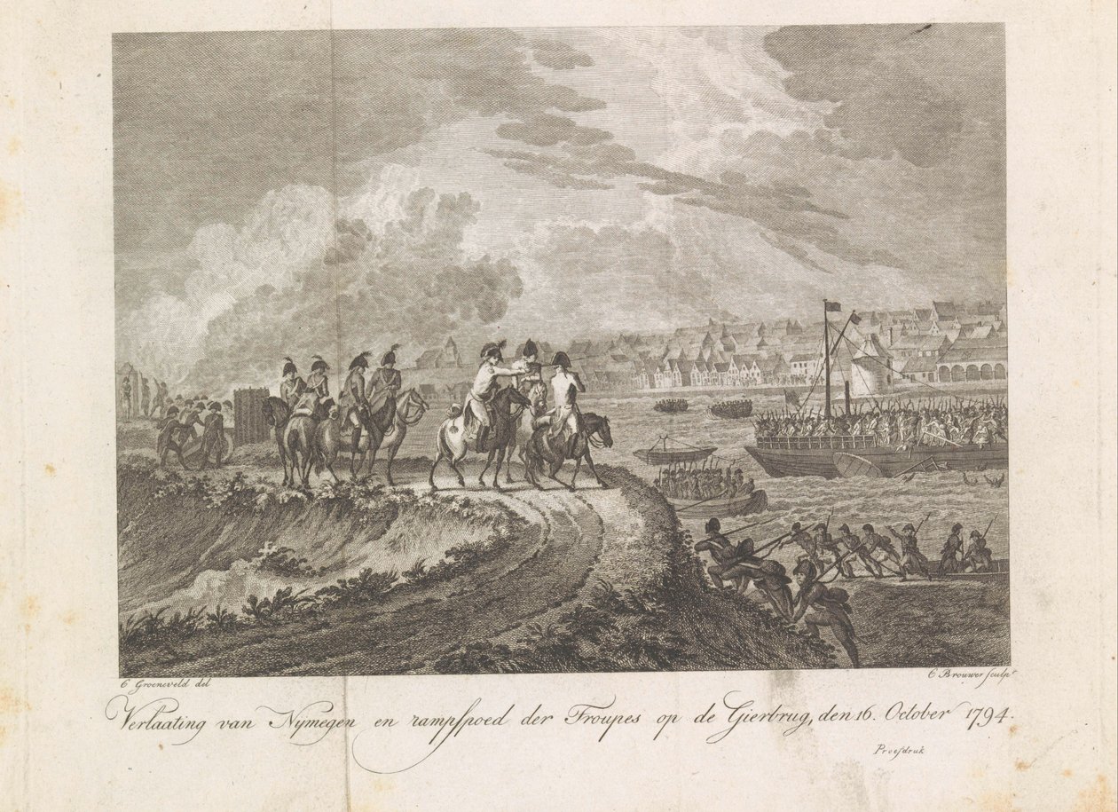 1794年、Gierbrugで逃げる軍隊をフランス人が撃つ 1794 年 10 月 16 日、Gierbrug での Nymegen の放棄と劇団の惨事 (オブジェクトのタイトル) 作： Cornelis Brouwer