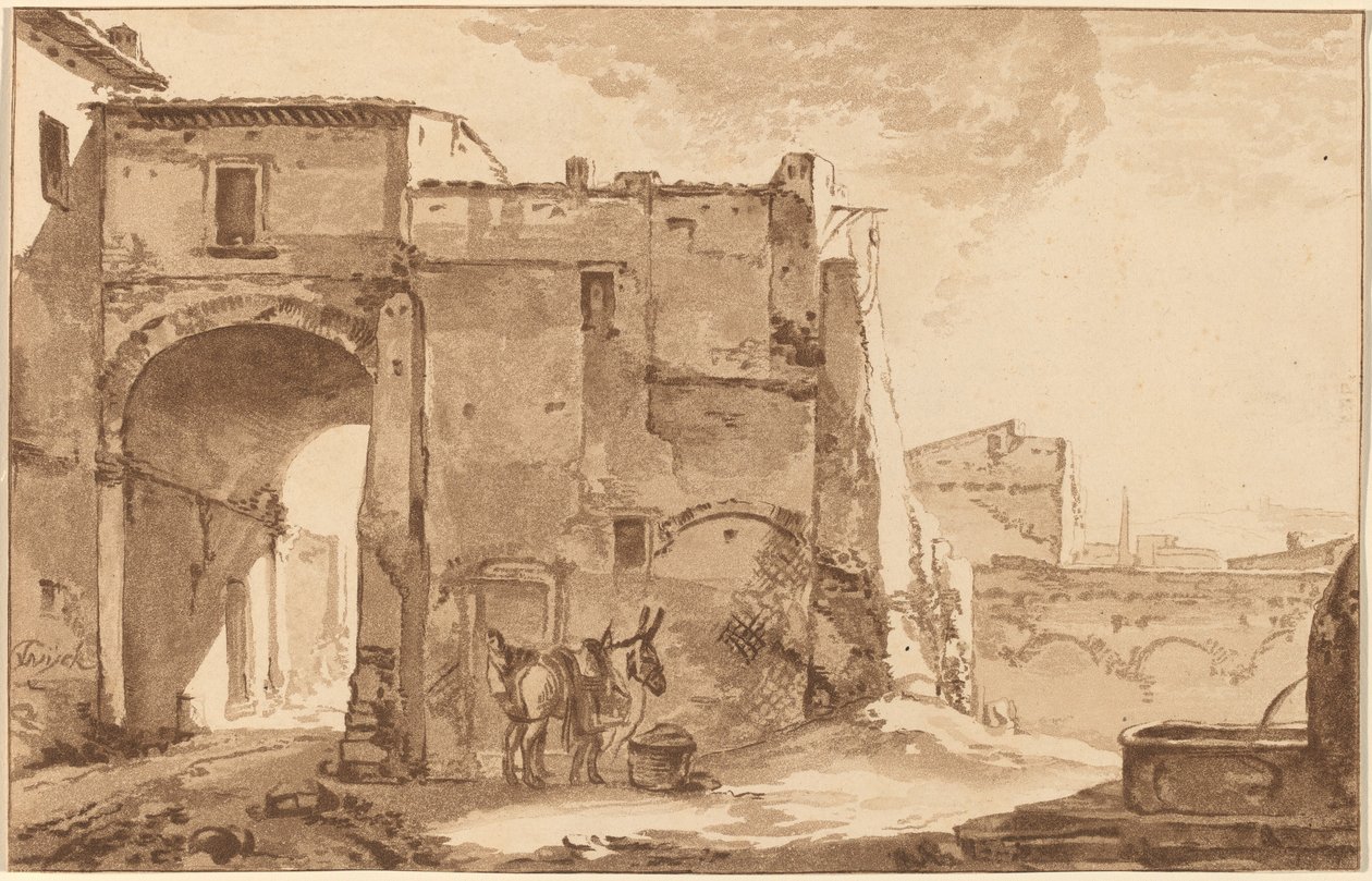 トラベラーとミュールのあるゲートウェイ、1781 年、1782 年発行。 作： Cornelis Brouwer