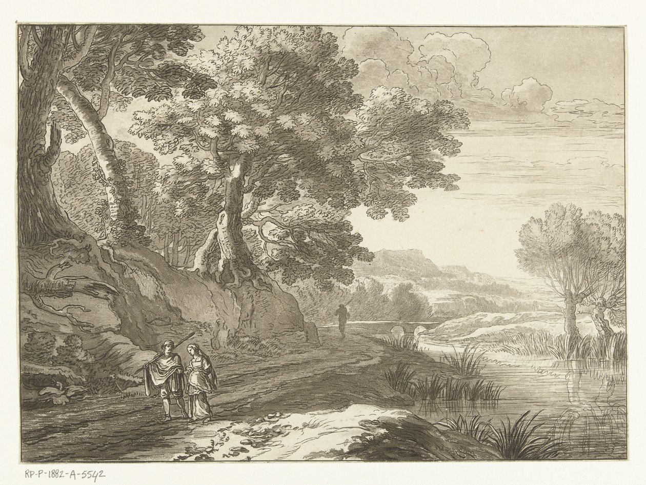 3 人の歩行者がいるイタリア風の風景 作： Cornelis Brouwer