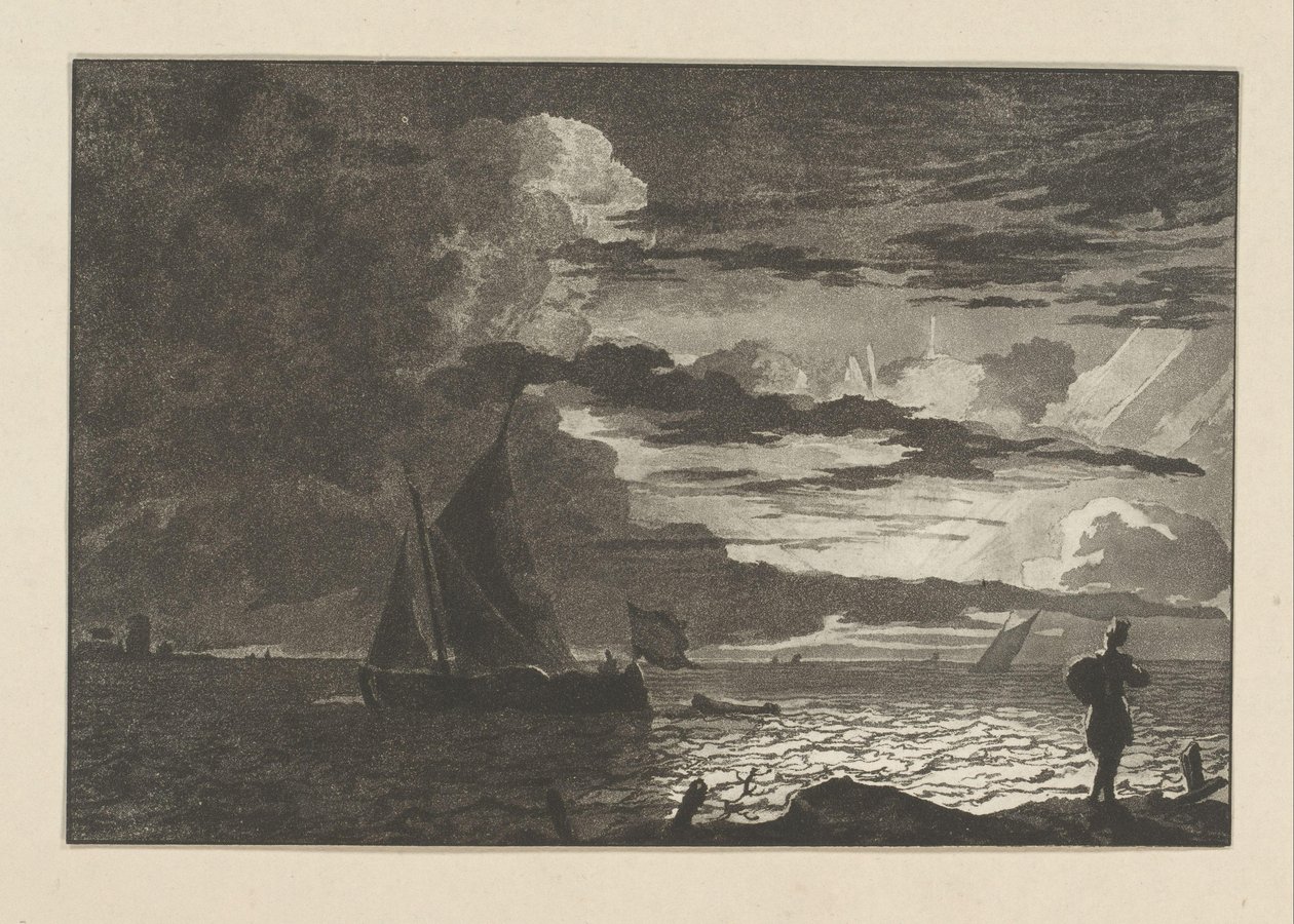 日の出時にバッグを肩に乗せた男 作： Cornelis Brouwer