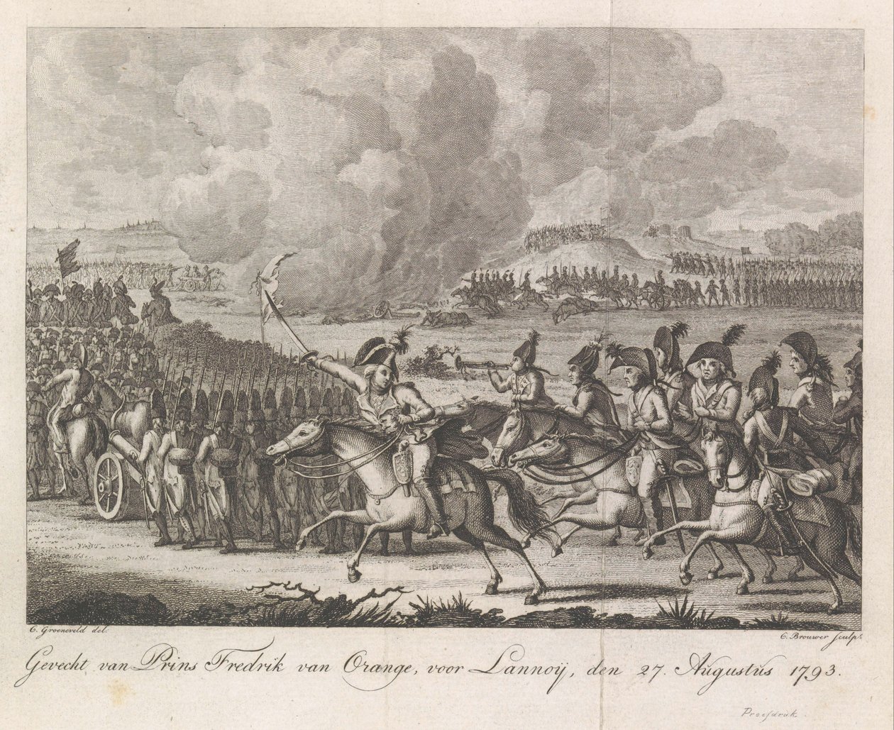 ラノワの戦いでのウィレム・ジョージ・フレデリック王子、1793年 1793 年 8 月 27 日、ラノイの前でのフレデリック ヴァン オランジュ王子の戦い (オブジェクトのタイトル) 作： Cornelis Brouwer