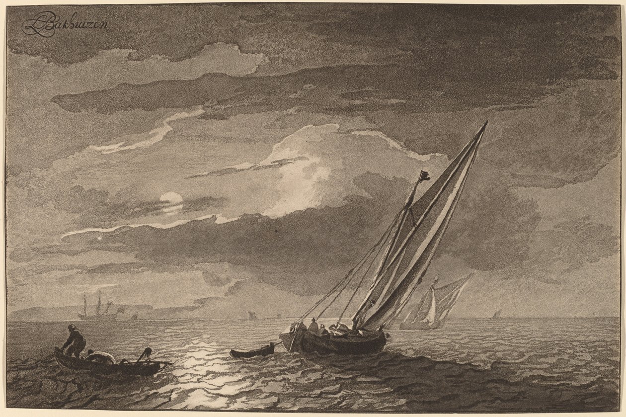 満月のある海の風景、1779 年、1781 年に出版。 作： Cornelis Brouwer