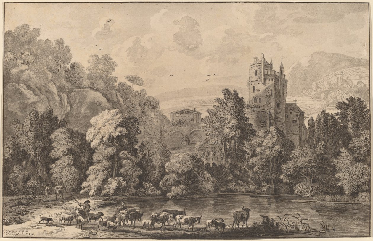 古い城のある谷、1784 年、1786 年に出版。 作： Cornelis Brouwer