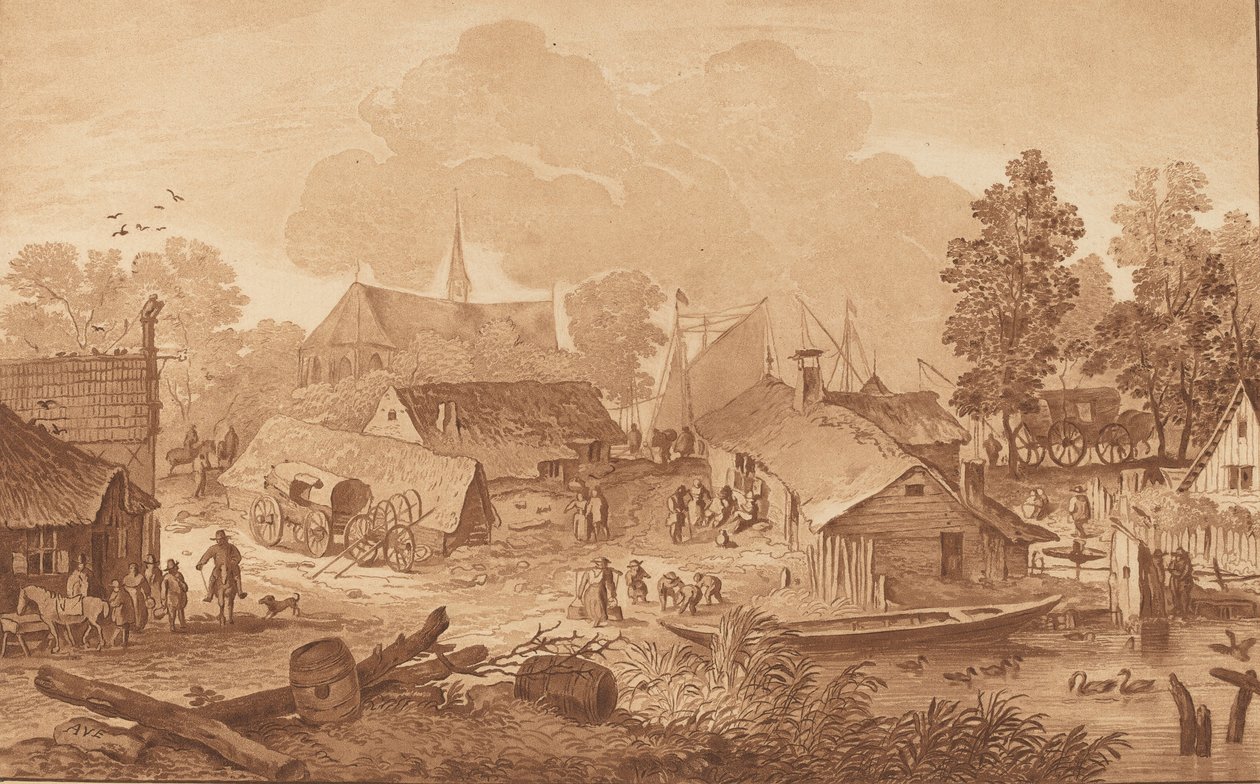 池のある村、c。 1782年。 作： Cornelis Brouwer