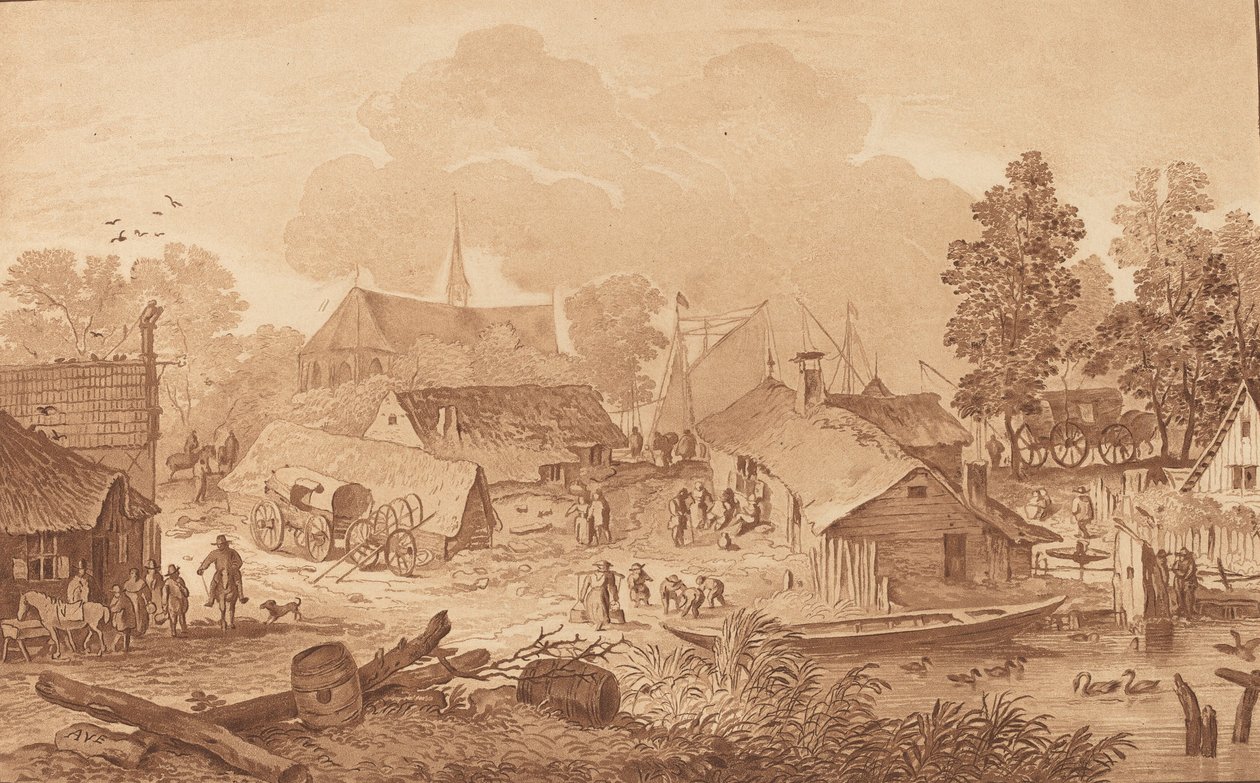 池のある村、c。 1782年。 作： Cornelis Brouwer