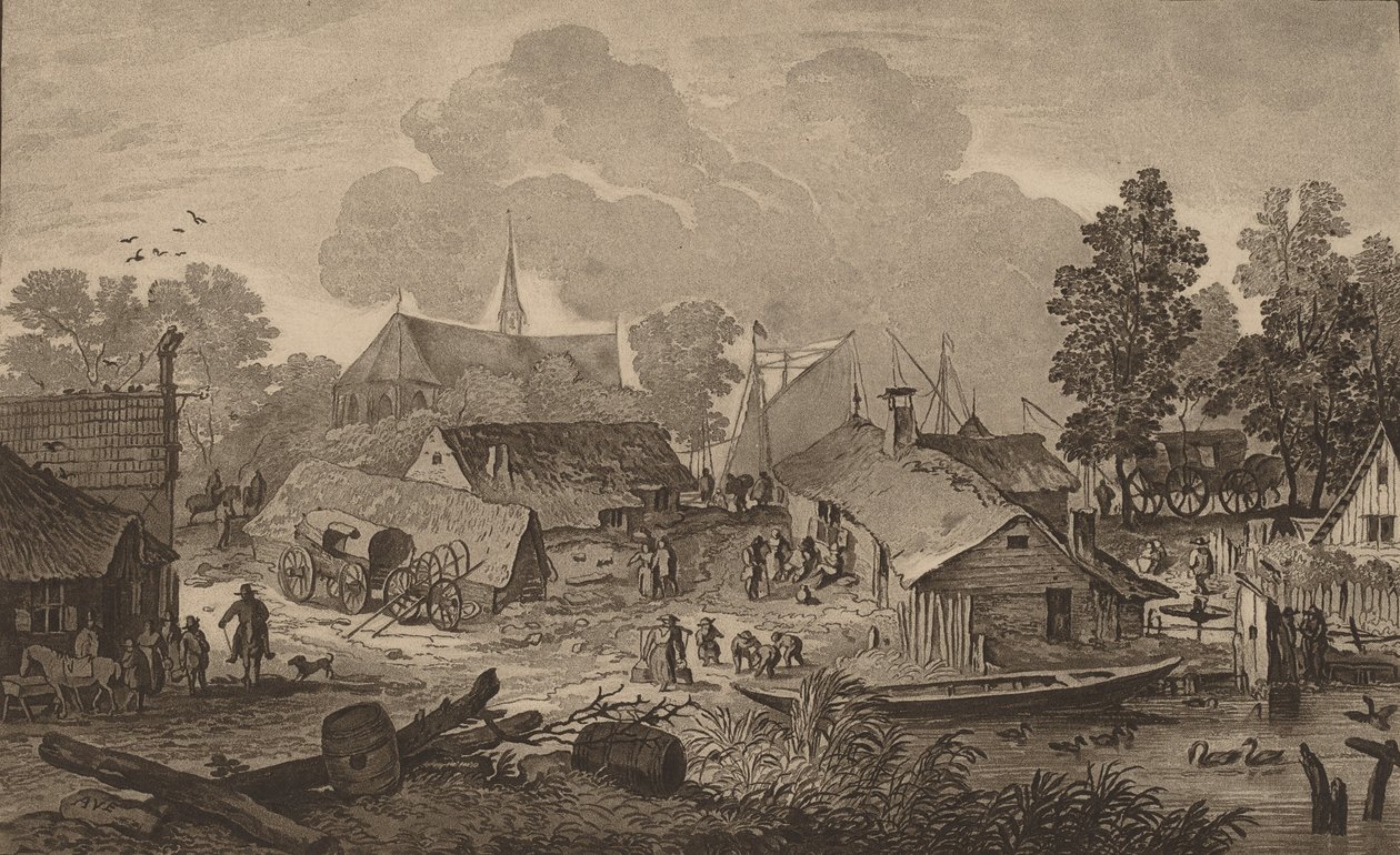 池のある村、c。 1782年。 作： Cornelis Brouwer