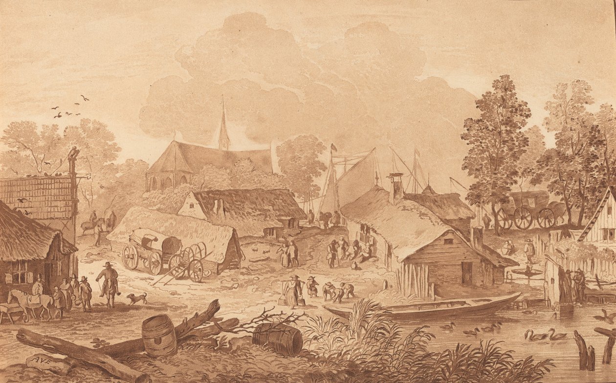 池のある村、c。 1782年。 作： Cornelis Brouwer