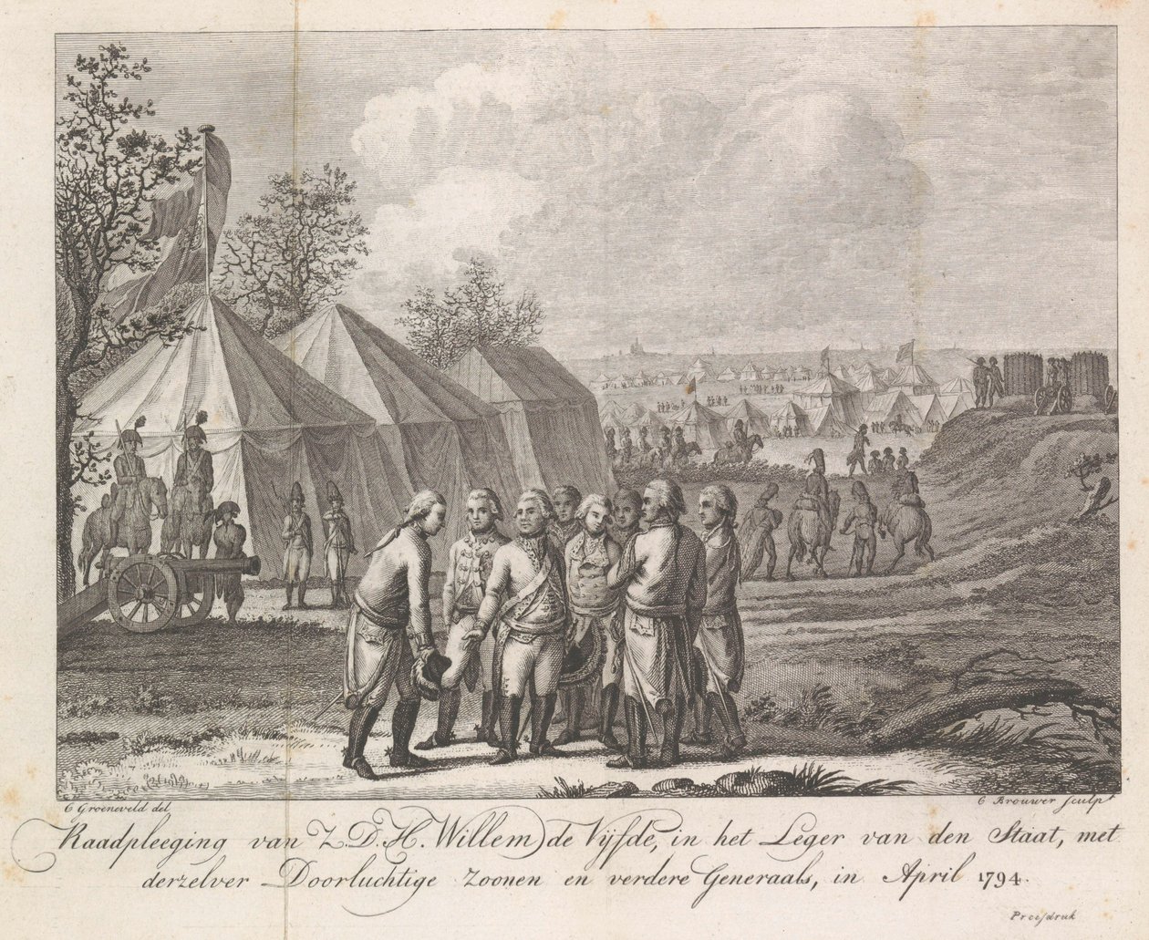 ヴィレム 5 世と息子たち、陸軍収容所で、1794 年 H.D.H.の相談 1794 年 4 月、国軍に所属するウィリアム 5 世、その穏やかな息子たちや他の将軍たち (対象の称号) 作： Cornelis Brouwer