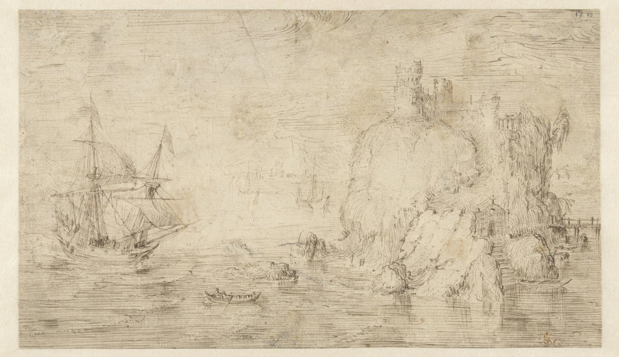 島で船のある海の風景 作： Cornelis Claesz van Wieringen（帰属）