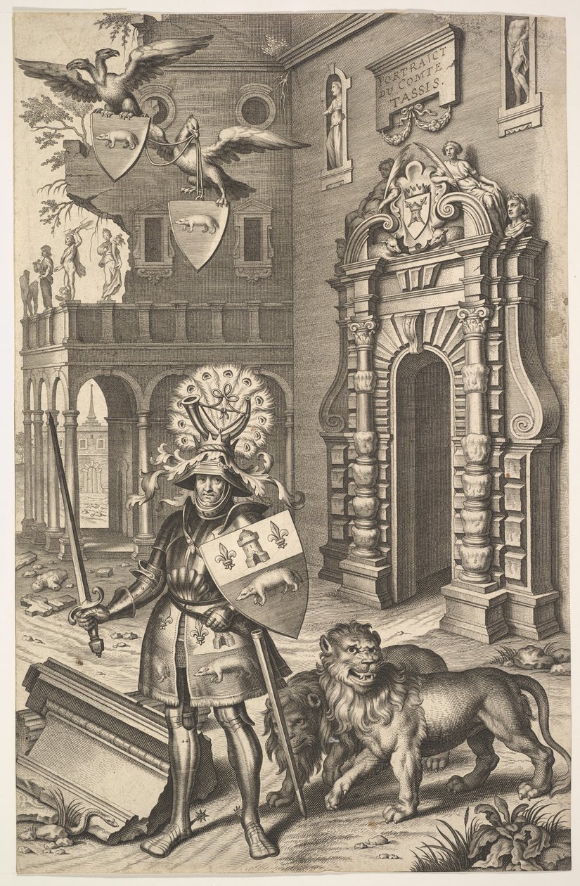 ジャン・ジャック・シフレ、レ・マルケス、1645年のタシス伯爵の寓意的な肖像画のイラスト. 作： コルネリスガルI。
