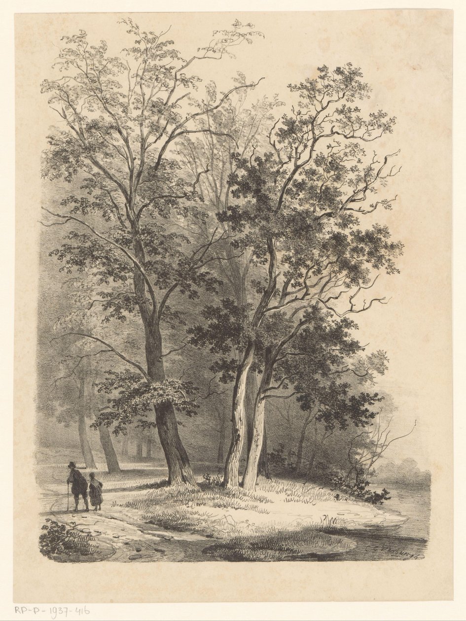 森の中を歩く二人の人物 作： Cornelis Gerrit Verburgh