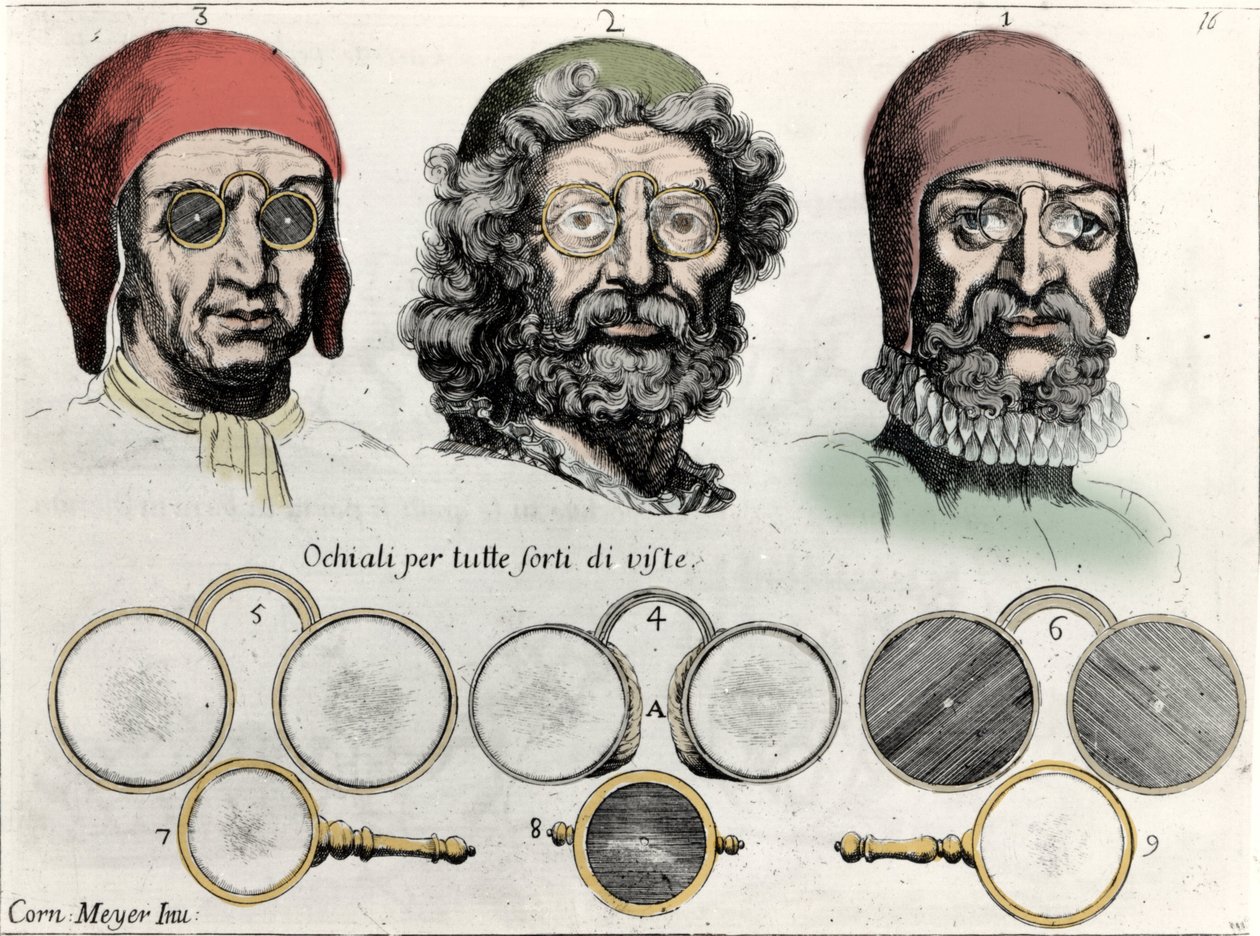 あらゆる景色を楽しむためのアイウェア。1689年の "Nuovi ritrovamenti "からC.Meyerが描いたもの。 作： コルネリス・ヤンス。マイヤー