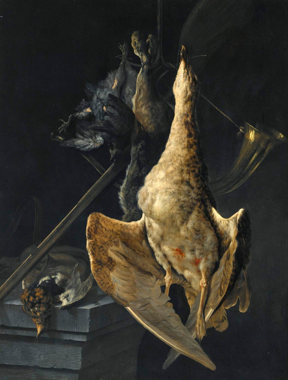 ガチョウ、ノウサギ、狩猟用の角、散弾銃などの狩猟用静物画 作： Cornelis Lelienbergh
