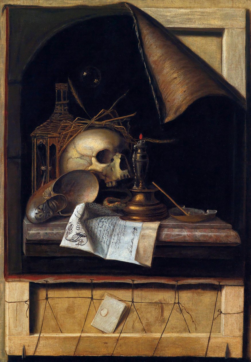 "Nature morte a la vanite" (Vanitas Still Life) Peinture de Cornelis Norbertus Gysbrechts ou Gijsbrechts (1630 - 1675) 油彩・キャンバス Dim 89x62 cm Private Collection 作： コルネリス・ノルベルトゥス・ギスブレヒト