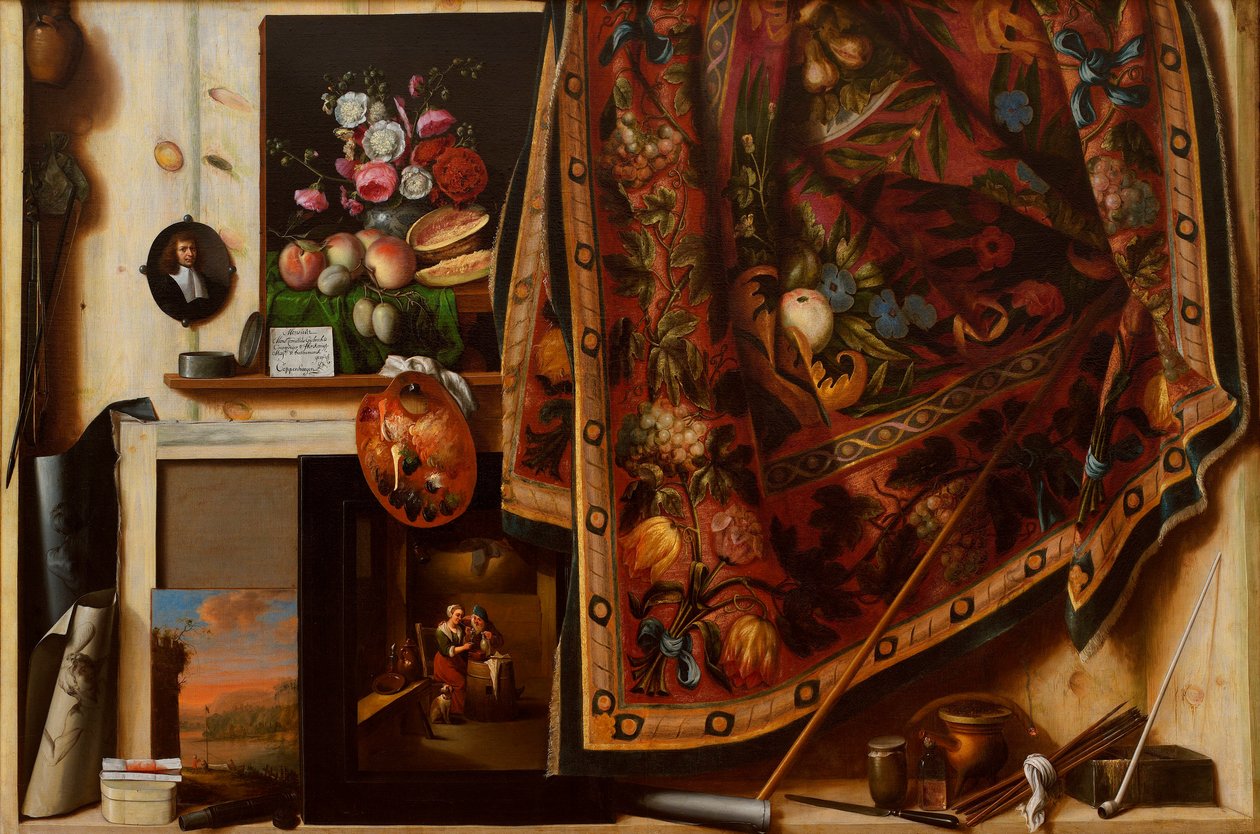 "(だまし絵、画家のアトリエ) Peinture de Cornelis Norbertus Gijsbrechts (Gysbrechts) (avant 1657-apres 1675) 1671 油彩・キャンバス Dim 132x199 cm コペンハーゲン美術館 Statens Museum for Kunst, Copenhagen 作： コルネリス・ノルベルトゥス・ギスブレヒト