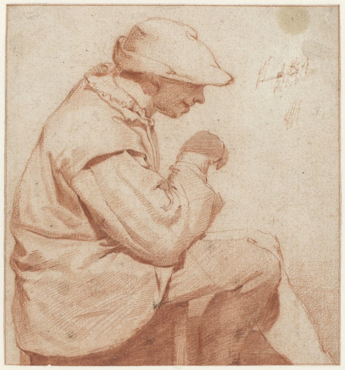 ソフト キャップを被り、右手を挙げて右の横顔で座っている男性 作： Cornelis Pieterszベガ（帰属）