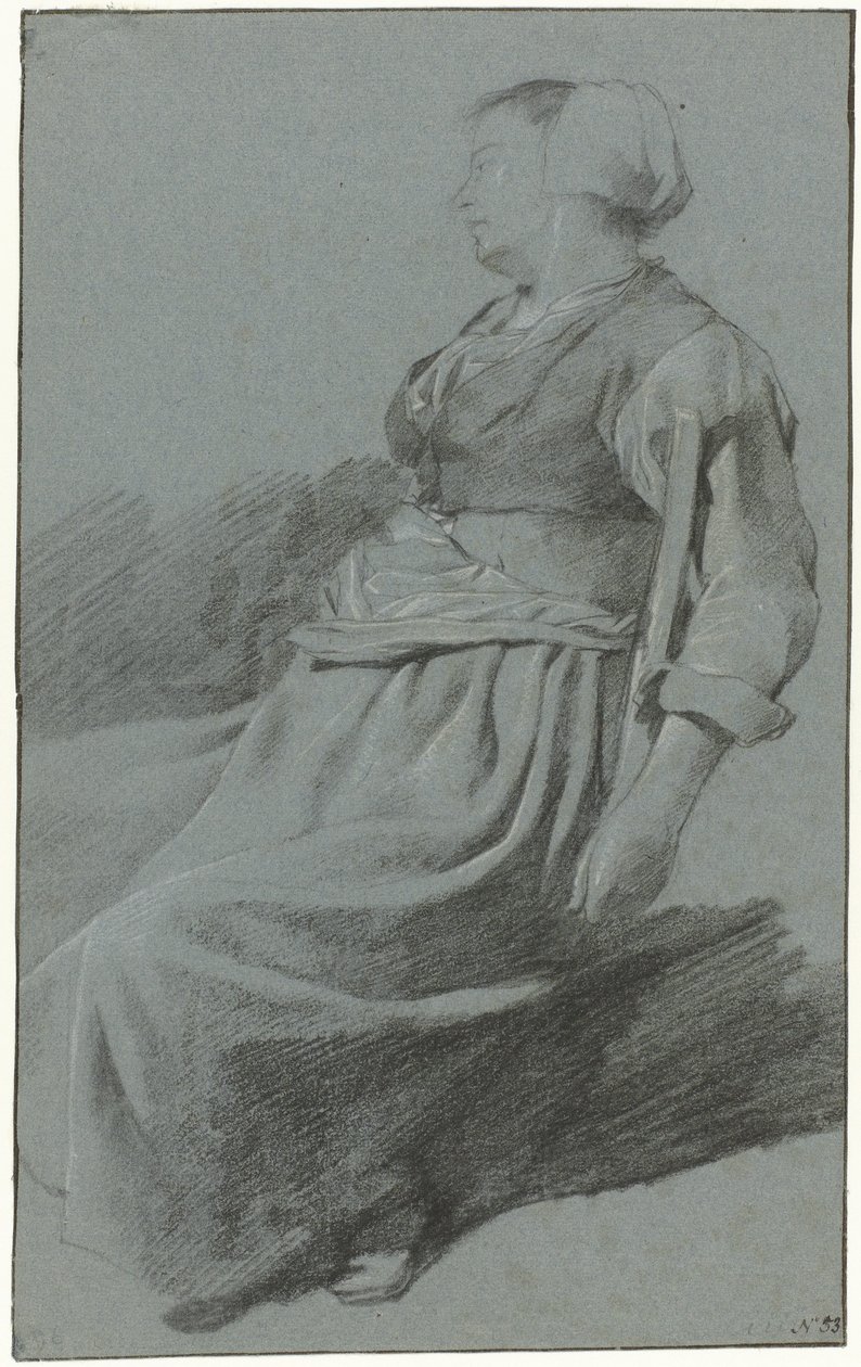 左を向いて帽子をかぶり、腕を椅子の背もたれに掛けて座っている女性 作： Cornelis Pieterszベガ