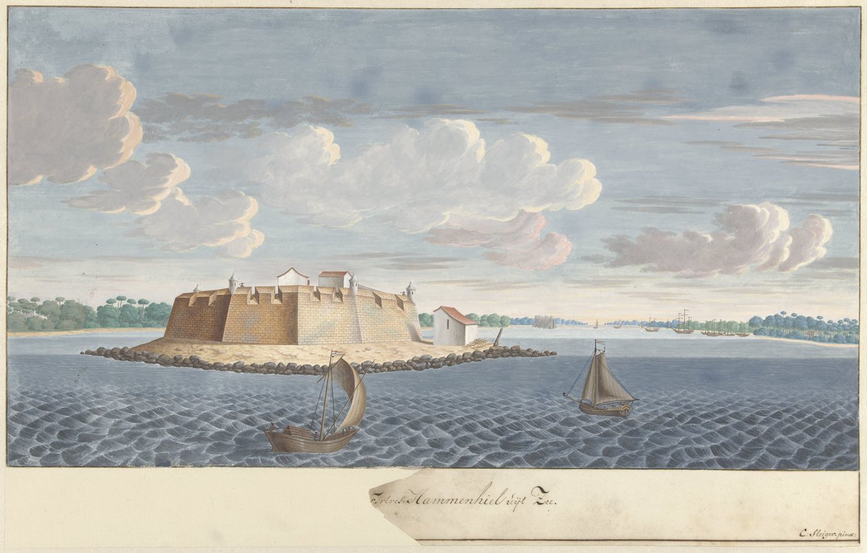 海から見たセイロンのハンメンヒル要塞 (フンメニル) Fortres Hammenhiel uijt Zee (オブジェクトのタイトル) 作： Cornelis Steiger