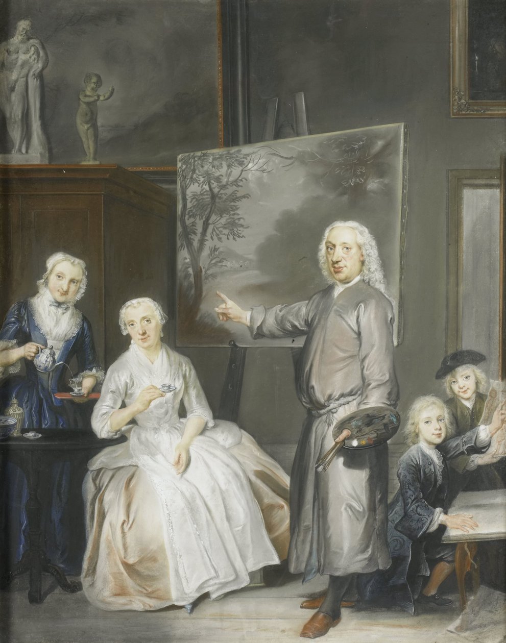 風景画家ディルク ダレンス 3 世 (1688-1753) と 2 番目の妻マリア シャーク (1766 年死去) と子供たちのアンナ (1725 年生まれ)、ウィレム (1737-60)、ヤコブス (1741-63) 作： コルネリストルート